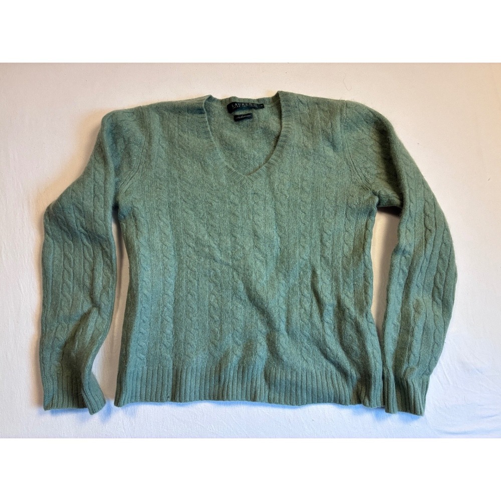 Lauren Ralph Lauren Women's Green 100% Cashmere Cable Knit V-Neck Sweater M
